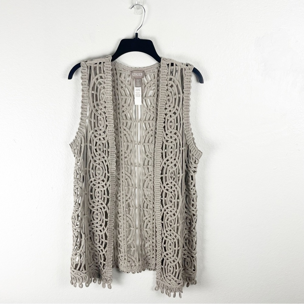 CHICO’S Tan Open Knit Cardigan Small Festival Concert Boho Western Cabin Neutral